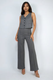 Herringbone V-neck Buttoned Vest Top - Fashionmj