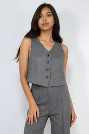 Herringbone V-neck Buttoned Vest Top - Fashionmj