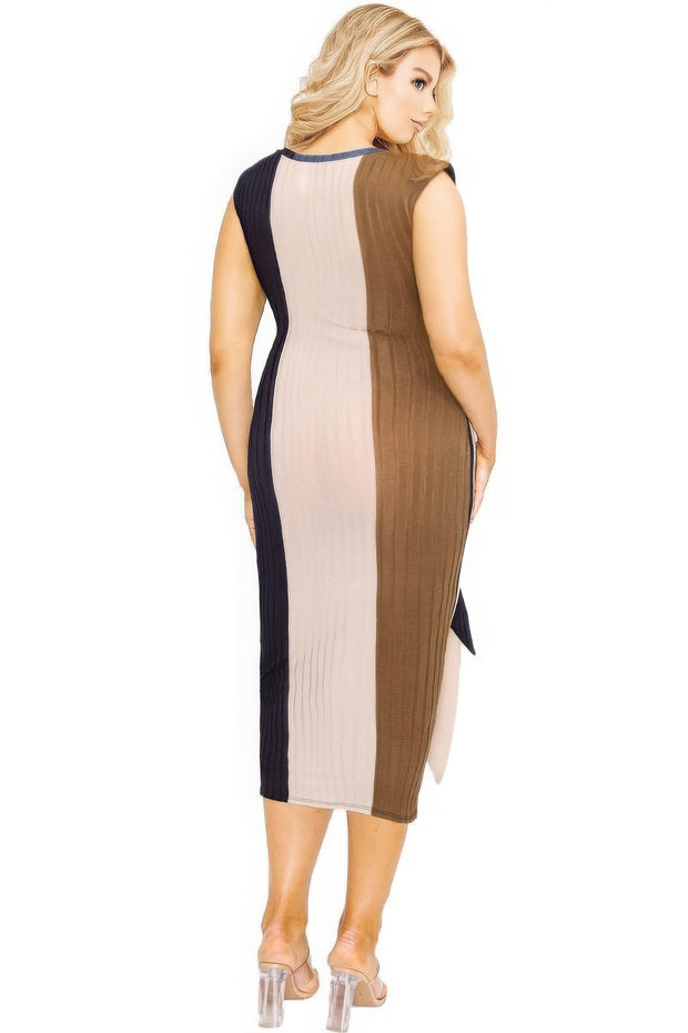 Plus knitted sleeveless colorblock waist tie dress - Fashionmj