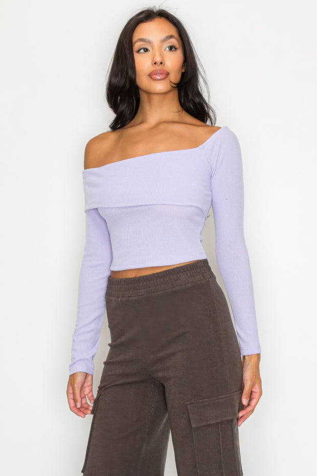 Bardot ribbed long sleeve crop top - Fashionmj