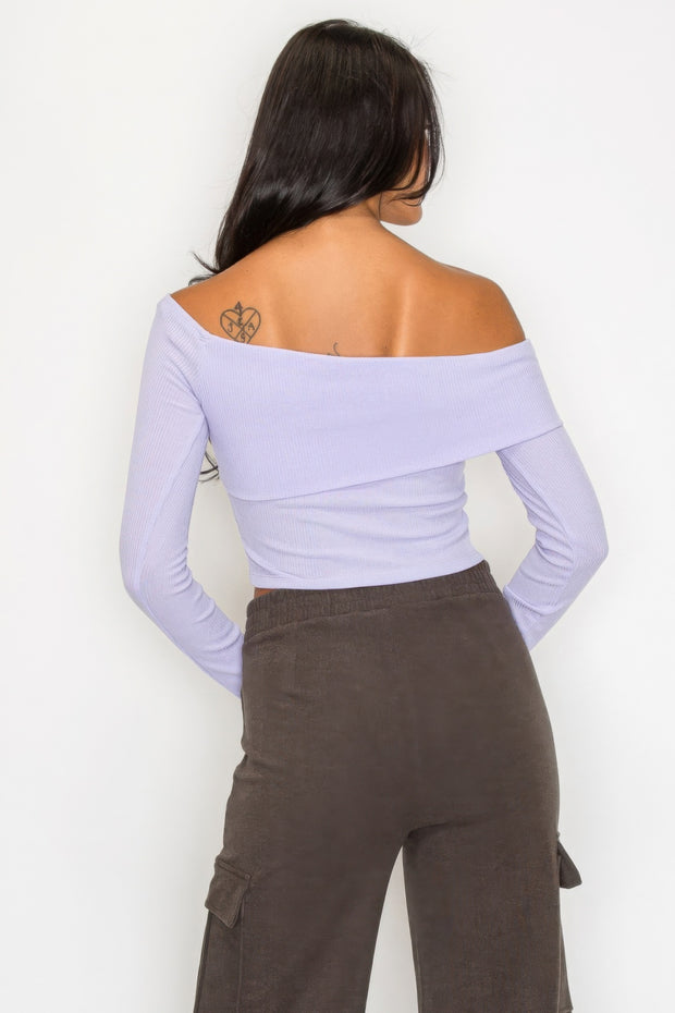 Bardot ribbed long sleeve crop top - Fashionmj