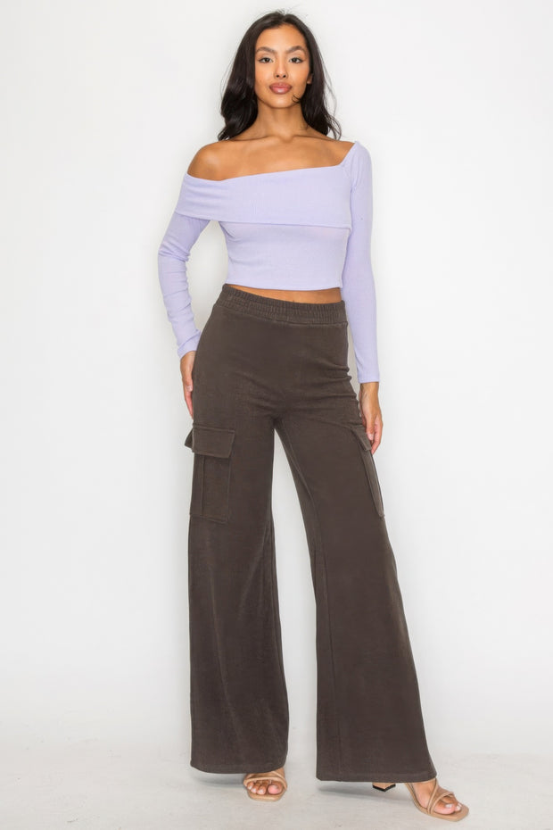 Bardot ribbed long sleeve crop top - Fashionmj