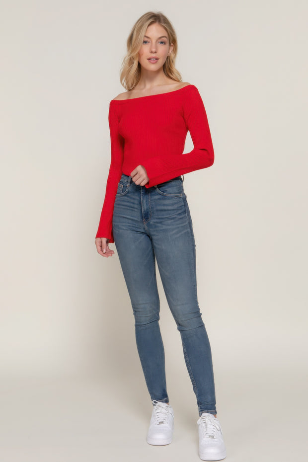 Long flare slv off shoulder sweater - Fashionmj