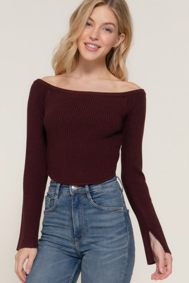 Long flare slv off shoulder sweater - Fashionmj