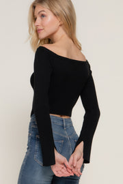 Long flare slv off shoulder sweater - Fashionmj