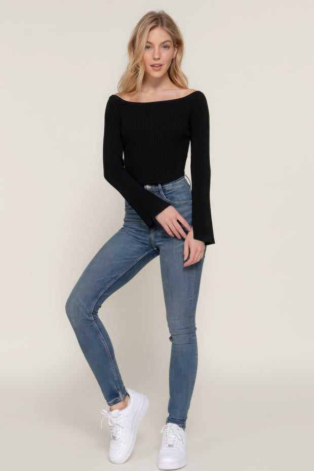 Long flare slv off shoulder sweater - Fashionmj