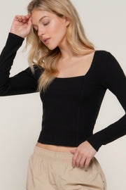 Long slv sweetheart neck seam detail knit top - Fashionmj