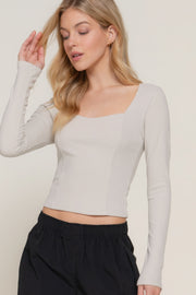 Long slv sweetheart neck seam detail knit top - Fashionmj