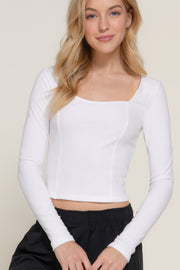 Long slv sweetheart neck seam detail knit top - Fashionmj