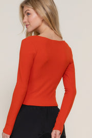 Long slv sweetheart neck seam detail knit top - Fashionmj