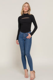 Long slv mock neck kyehole rib knit top - Fashionmj