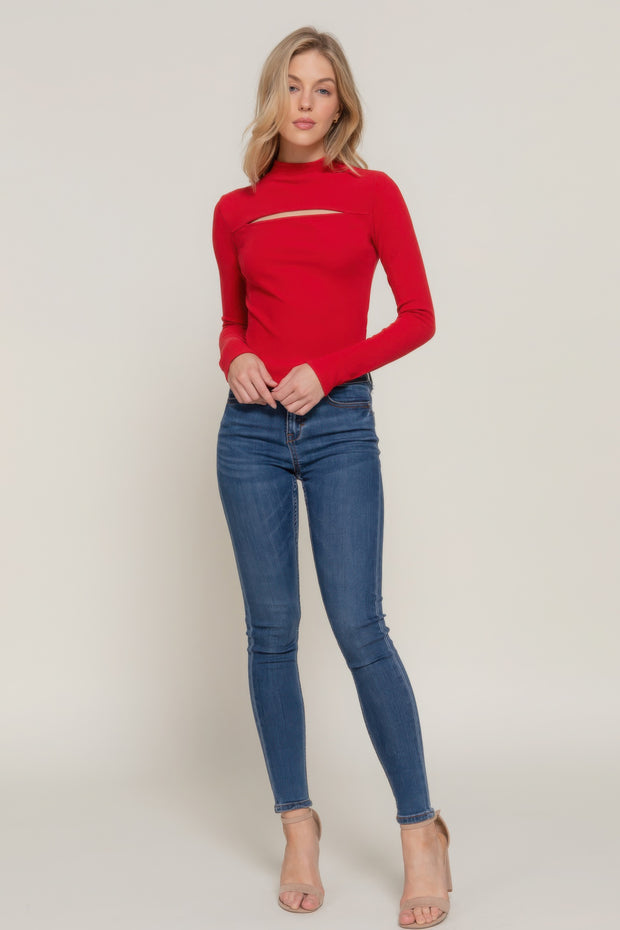 Long slv mock neck kyehole rib knit top - Fashionmj