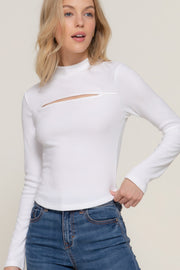 Long slv mock neck kyehole rib knit top - Fashionmj