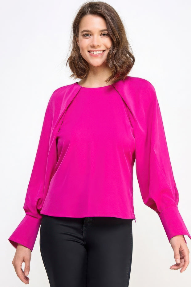 Raglan Long Sleeve Top With Back Neck Tie - Fashionmj