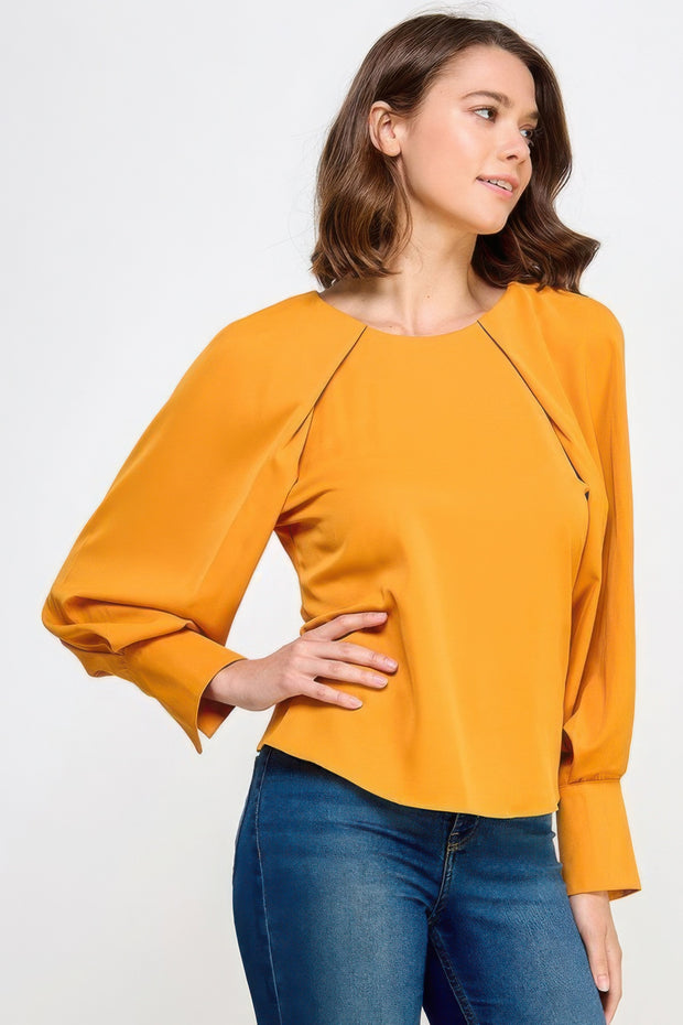 Raglan Long Sleeve Top With Back Neck Tie - Fashionmj