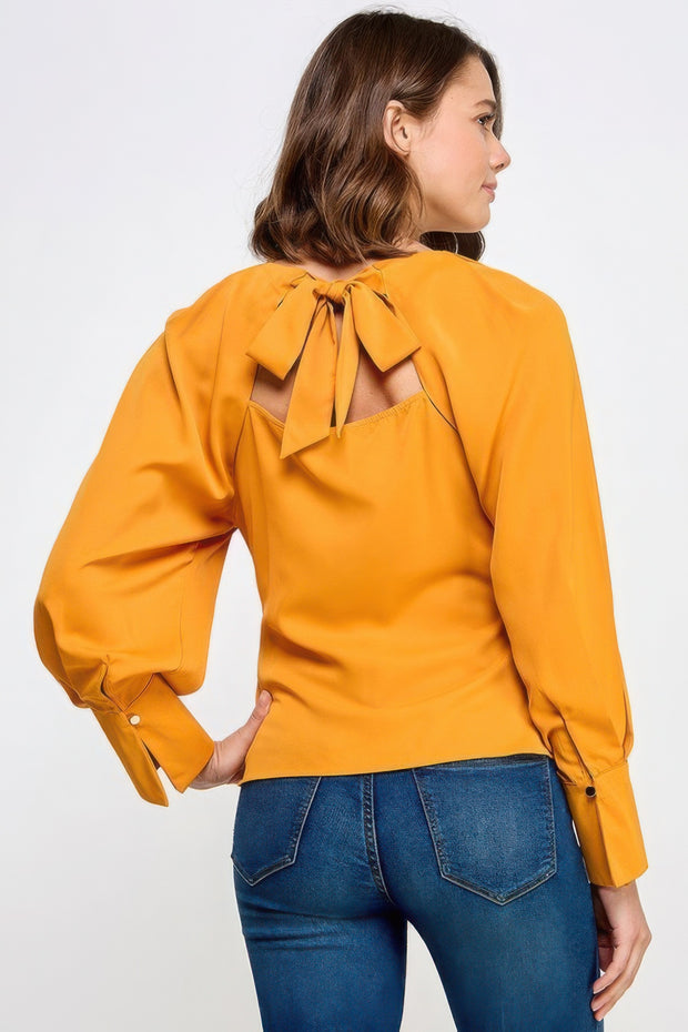 Raglan Long Sleeve Top With Back Neck Tie - Fashionmj