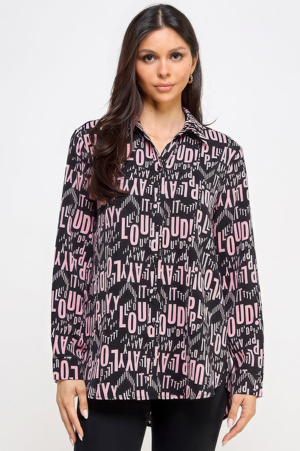 Printed Satin Long Sleeve Tunic Top - Fashionmj