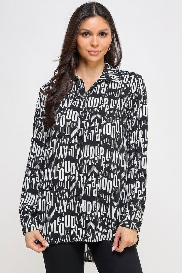 Printed Satin Long Sleeve Tunic Top - Fashionmj