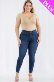 Plus Size Casual Split Neck Solid Short Sleeve Bodysuit - Fashionmj