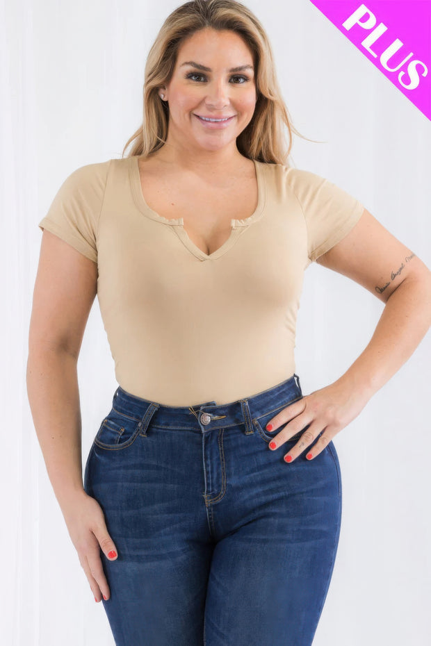 Plus Size Casual Split Neck Solid Short Sleeve Bodysuit - Fashionmj