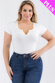 Plus Size Casual Split Neck Solid Short Sleeve Bodysuit - Fashionmj