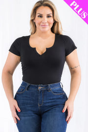 Plus Size Casual Split Neck Solid Short Sleeve Bodysuit in black color for plus size womens - Fashion M&J