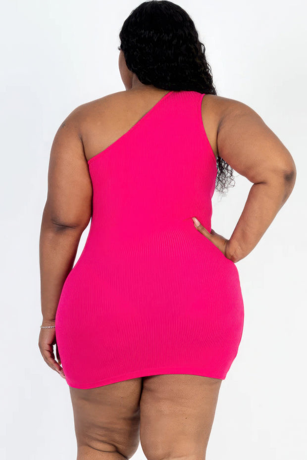 Plus Size Ribbed One Shoulder Cutout Front Casual Mini Bodycon Dress - Fashionmj