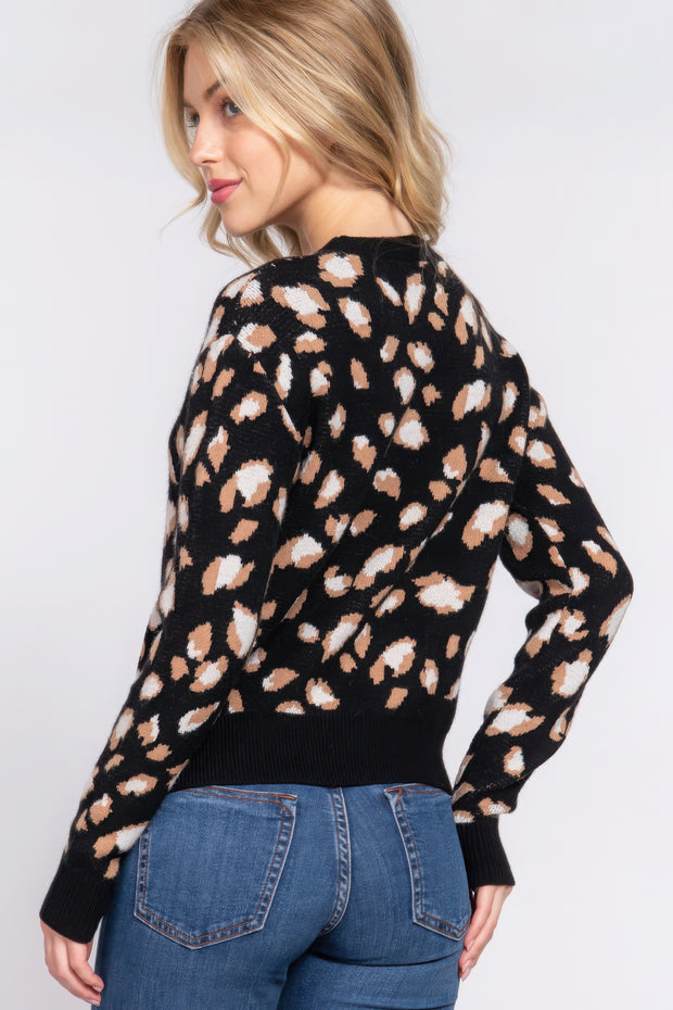 Long Slv Animal Jacquard Sweater - Fashionmj