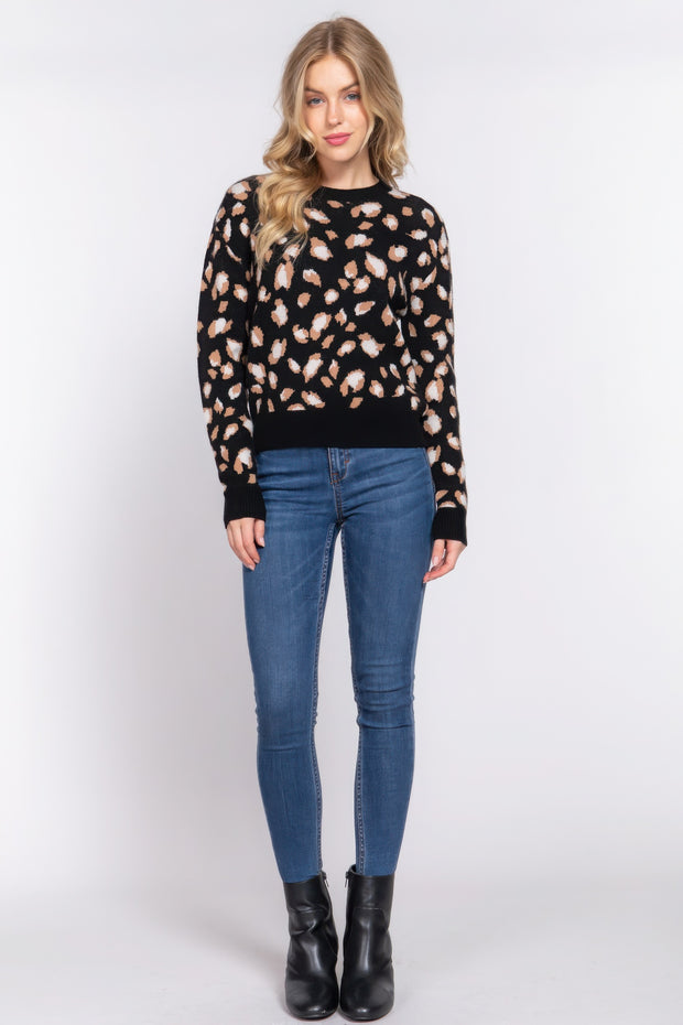 Long Slv Animal Jacquard Sweater - Fashionmj