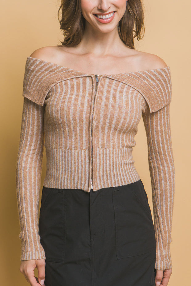 Ribbed bardot zip up long sleeve - Fashionmj