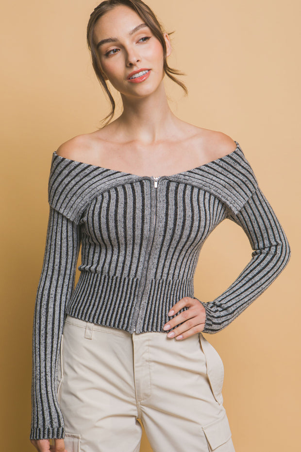 Ribbed bardot zip up long sleeve - Fashionmj