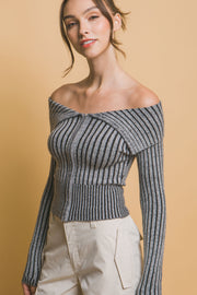 Ribbed bardot zip up long sleeve - Fashionmj