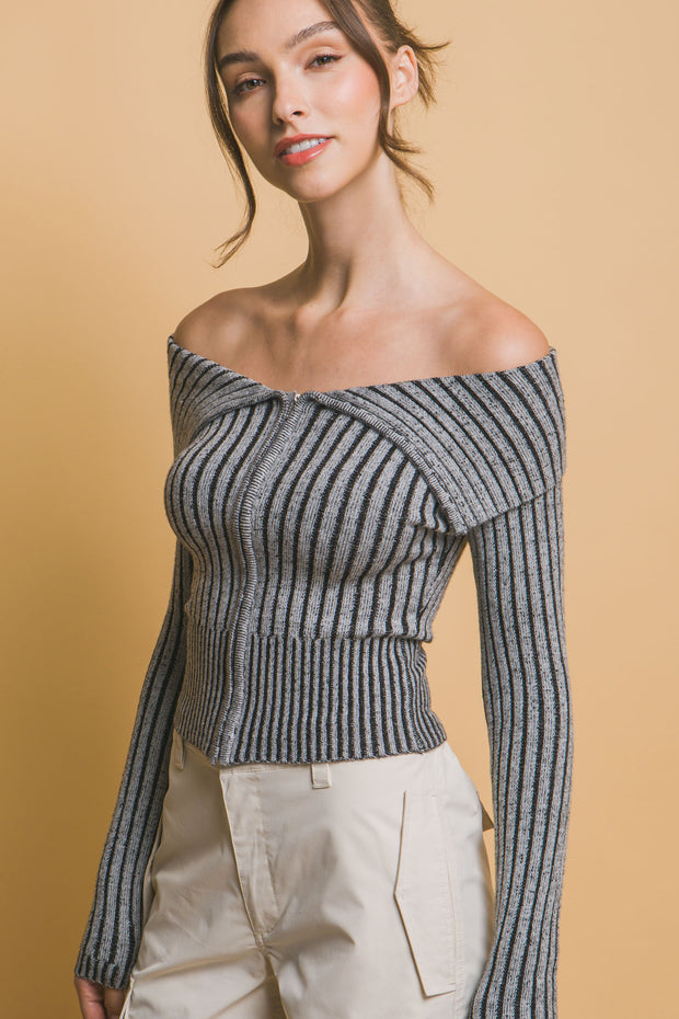 Ribbed bardot zip up long sleeve - Fashionmj