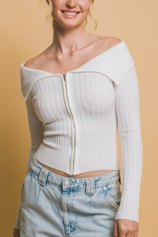 Ribbed bardot zip up long sleeve - Fashionmj