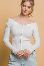 Ribbed bardot zip up long sleeve - Fashionmj