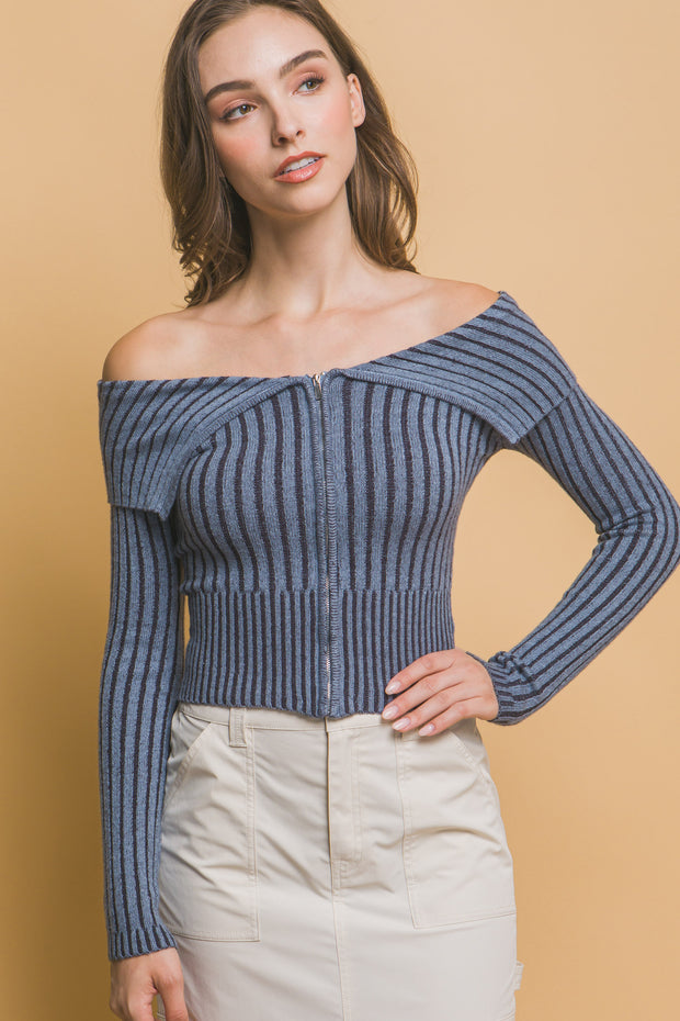 Ribbed bardot zip up long sleeve - Fashionmj