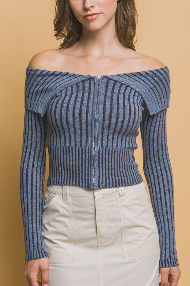 Ribbed bardot zip up long sleeve - Fashionmj