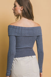 Ribbed bardot zip up long sleeve - Fashionmj