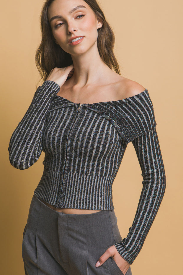 Ribbed bardot zip up long sleeve - Fashionmj