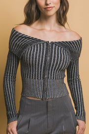 Ribbed bardot zip up long sleeve - Fashionmj