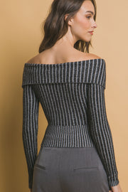 Ribbed bardot zip up long sleeve - Fashionmj