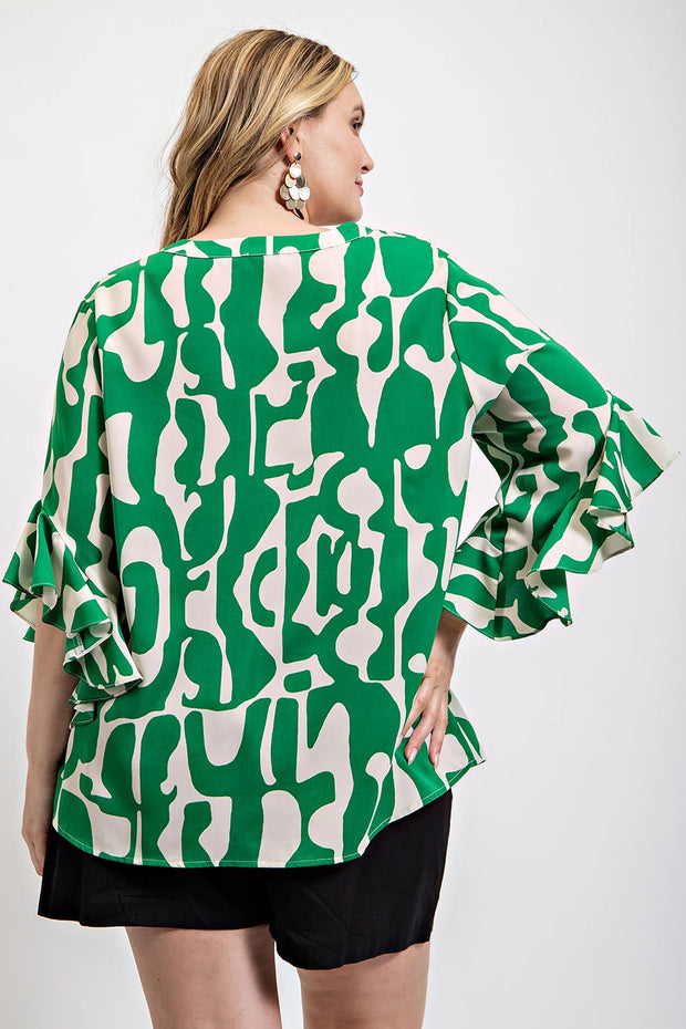 Geometric print ruffled bell sleeve woven top - Fashionmj