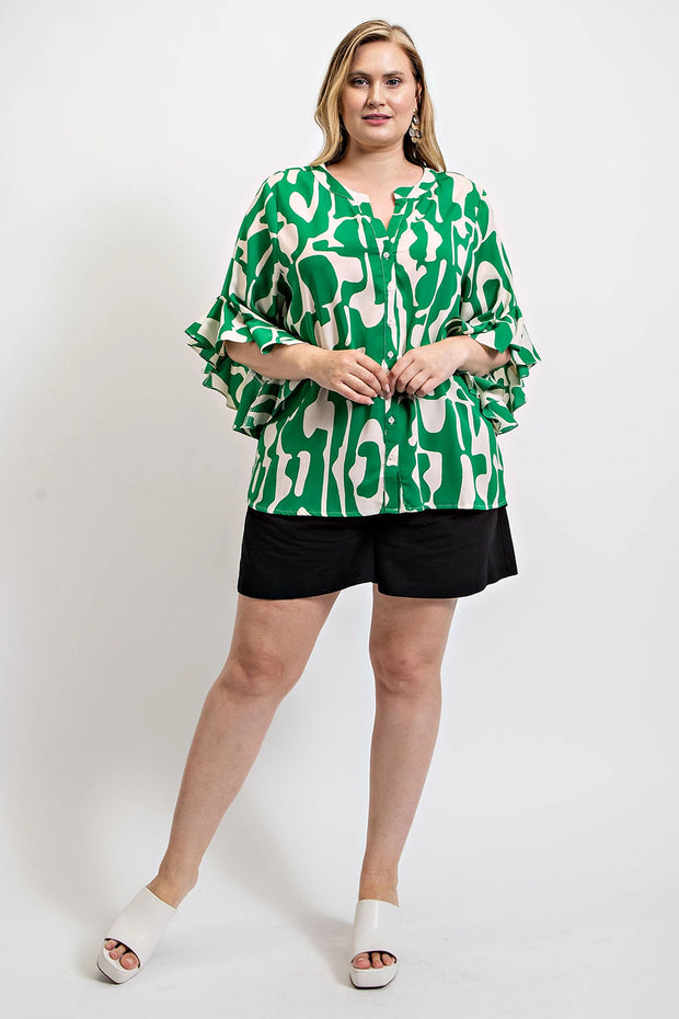 Geometric print ruffled bell sleeve woven top - Fashionmj