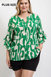 Geometric print ruffled bell sleeve woven top - Fashionmj