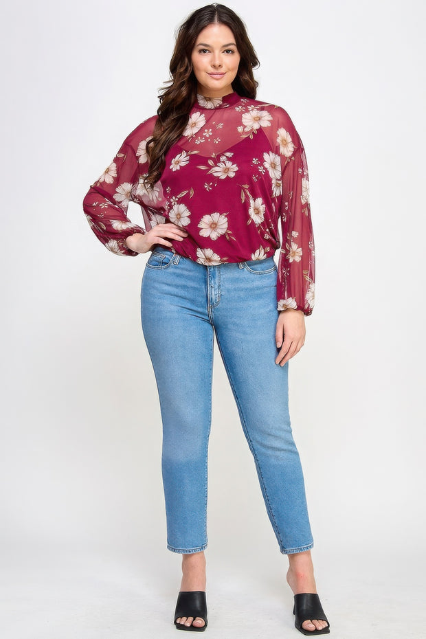 Mesh Floral Ls Top W/cami - Fashionmj