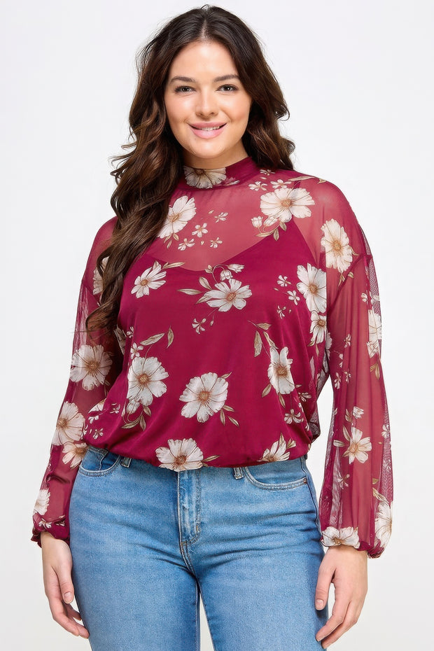 Mesh Floral Ls Top W/cami - Fashionmj