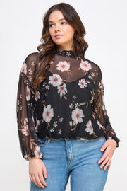 Mesh Floral Ls Top W/cami - Fashionmj