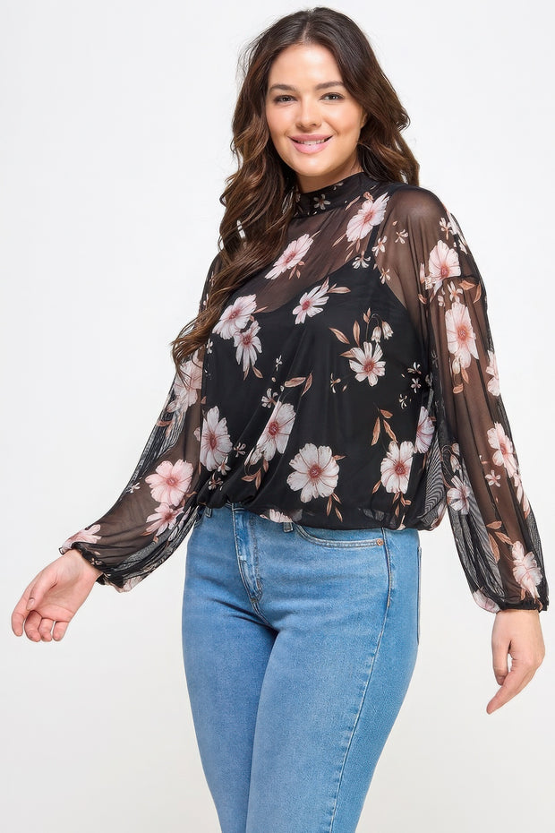 Mesh Floral Ls Top W/cami - Fashionmj