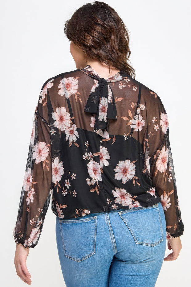 Mesh Floral Ls Top W/cami - Fashionmj