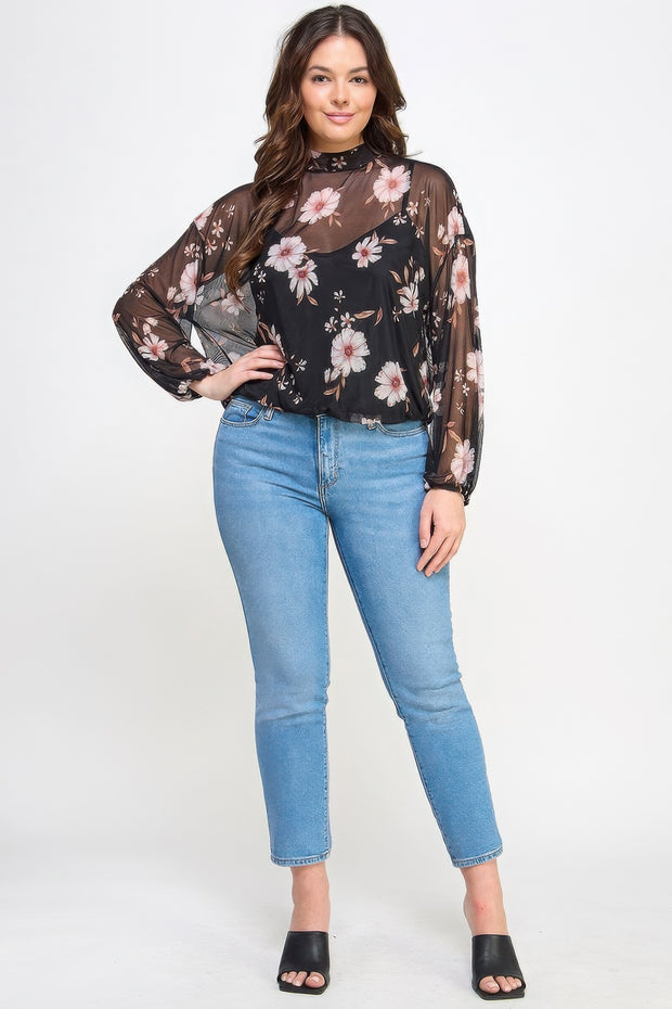 Mesh Floral Ls Top W/cami - Fashionmj